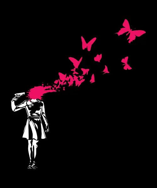 Stencil street-art of a figure with pink butterflies bursting from their head on a black background, art by J Byron