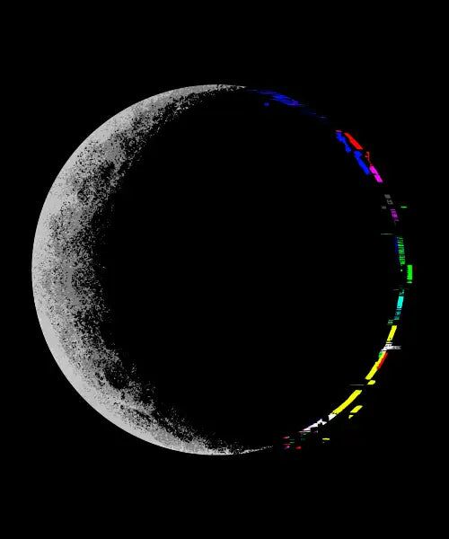 Crescent moon with a rainbow glitch distortion on a black background, art by Digital Carbine