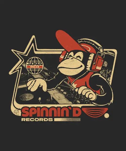 Retro poster of a DJ monkey in headphones spinning records at the turntables, Spinnin D Records, art by Ilustrata