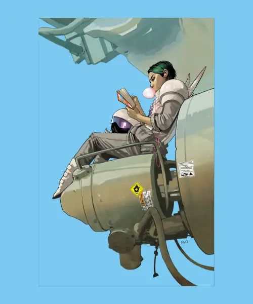 Comic illustration of a green-haired astronaut blowing bubblegum and reading a book atop a rocket, art by Saga