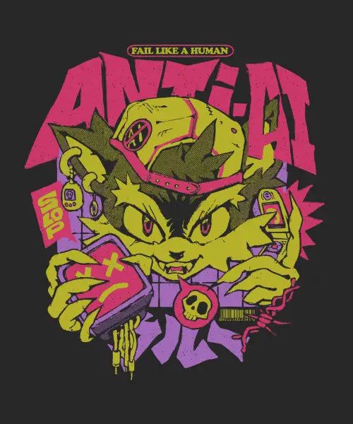 Neon cyberpunk illustration of a snarling anti-AI cat creature, Fail Like a Human, art by Ilustrata