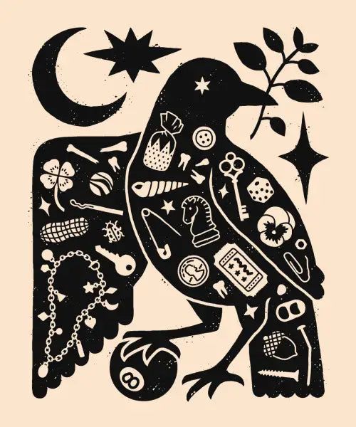 Folk-art black crow filled with collected charms and symbols beneath a crescent moon and star