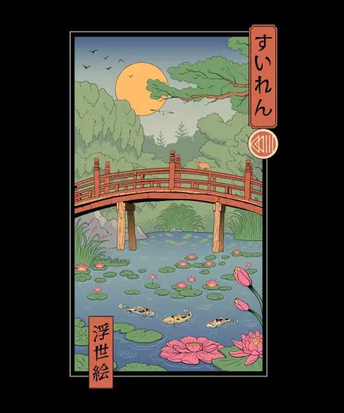 Ukiyo-e woodblock print of a koi pond with a red bridge and water lilies under a full moon, art by Vincent Trinidad