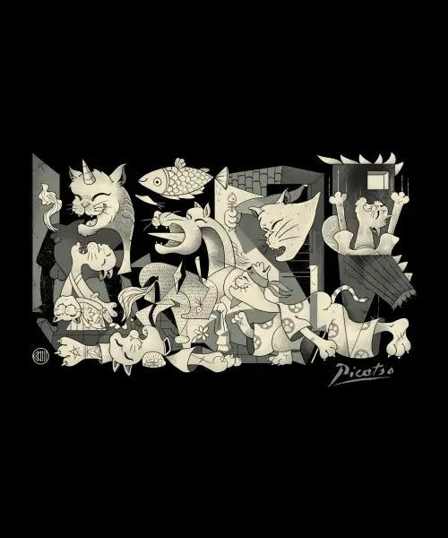 Black-and-white cubist parody of Picasso's Guernica filled with cats, signed Picatso, art by Vincent Trinidad