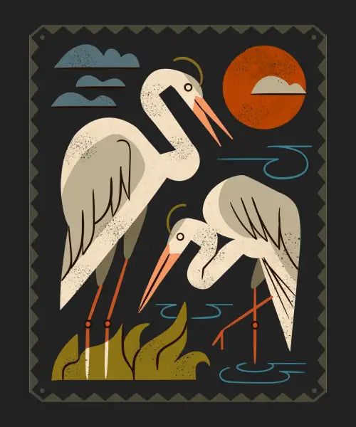 Folk-art illustration of two blue herons wading among reeds under an orange sun, art by RL Thull