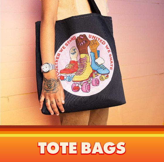 Person carrying a black tote bag with Jessika Savage's United We Skate roller skates graphic