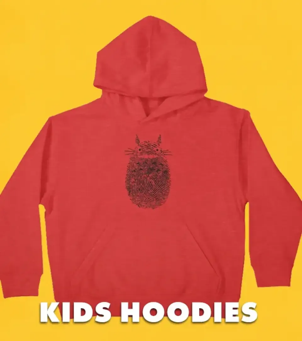 Red kids hoodie with monster fingerprint graphic on yellow studio background labelled 'Kids Hoodies'.