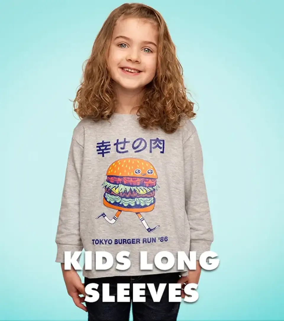 Smiling girl in grey long sleeve with Tokyo Burger Run character graphic on blue background labelled 'Kids Long Sleeves'.