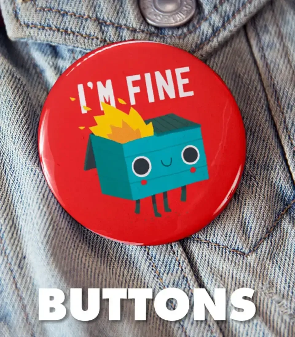 Round 'I'm Fine' french fries character pin button on denim jacket pocket with 'Buttons' text.