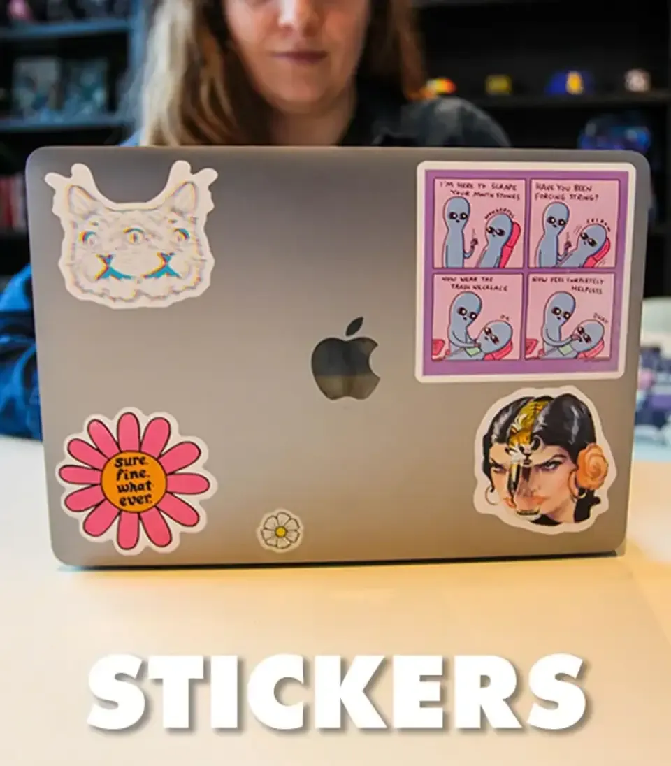 Laptop covered in colorful llama, daisy and frame stickers with 'Stickers' text overlay.