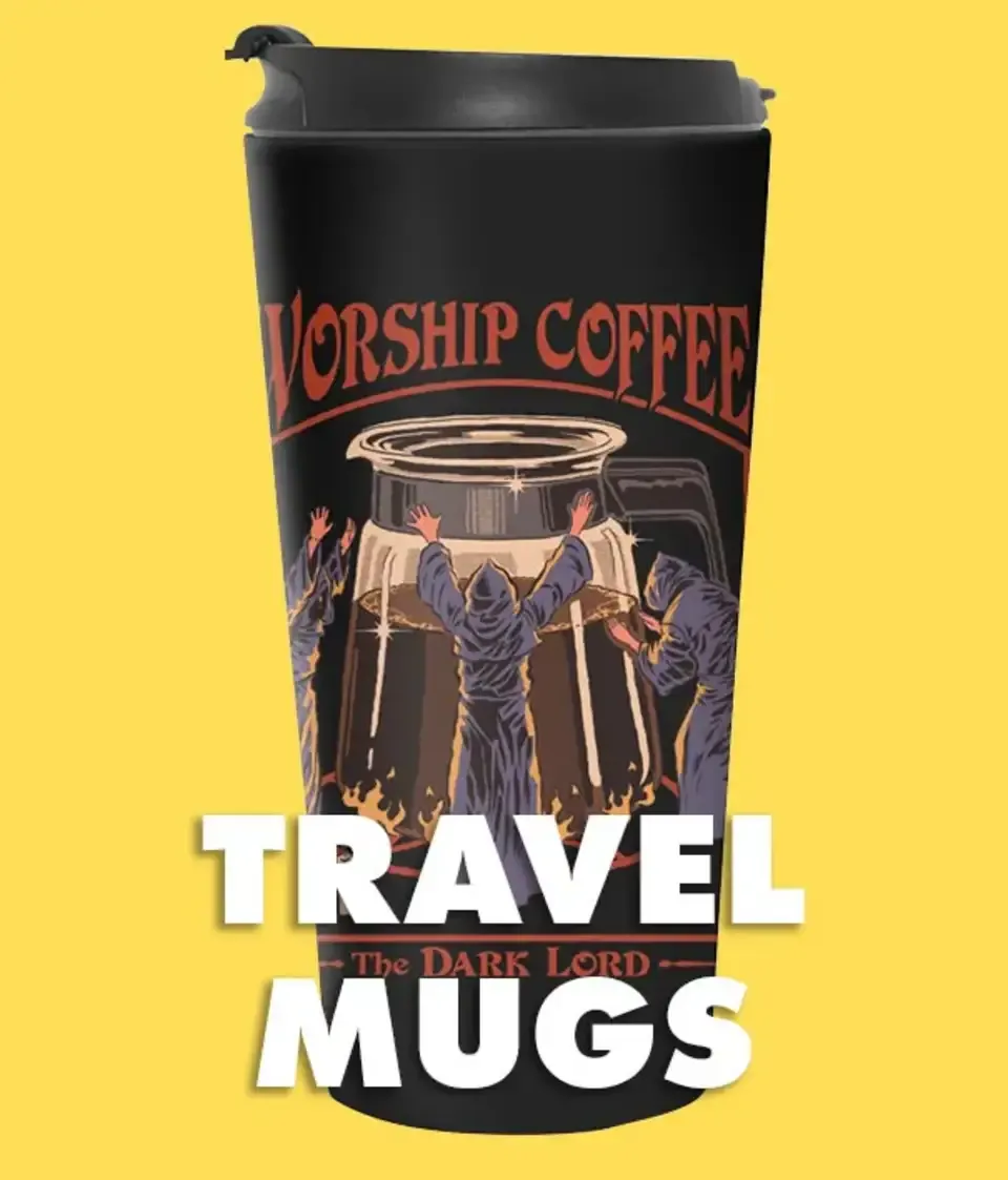 Black travel mug with 'Worship Coffee The Dark Lord' design on yellow background with 'Travel Mugs' text.