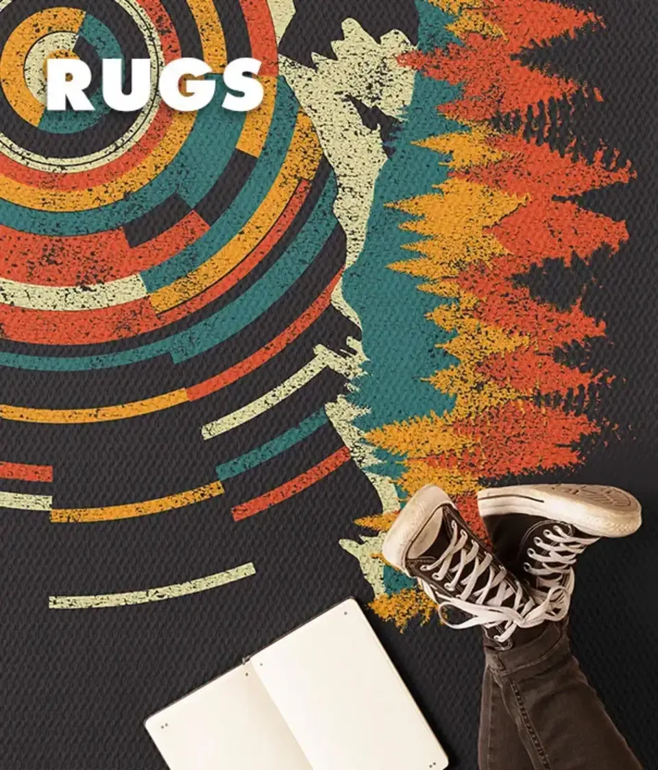 Orange sunrise pattern rug with leather boots and open book on floor labelled 'Rugs'.