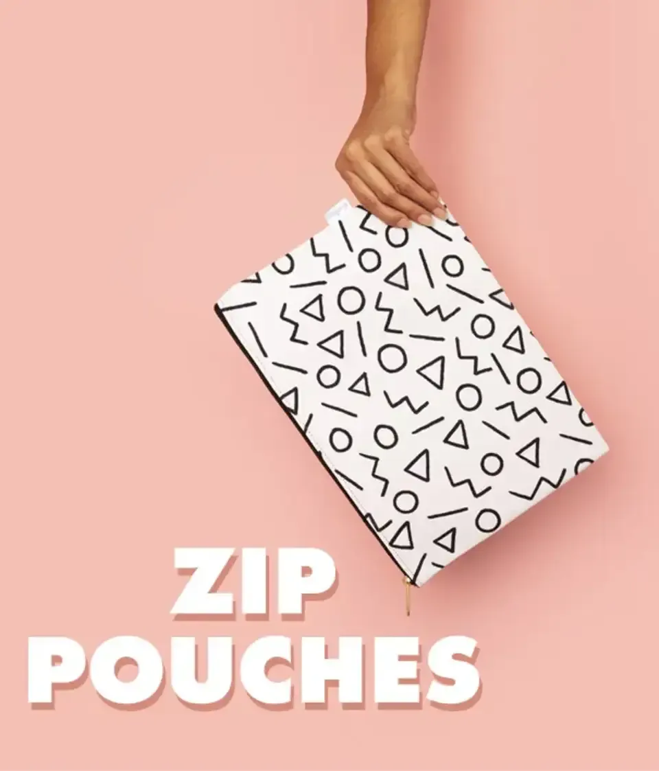 White geometric symbols zip pouch held against pink wall with 'Zip Pouches' text.