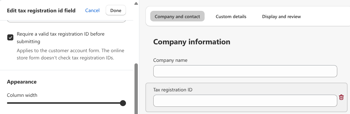 The Tax registration ID field settings in the Onboard B2B form editor, with 