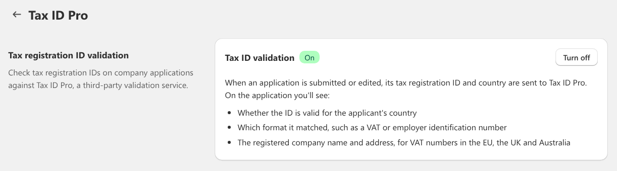 The Tax ID Pro settings page in Onboard B2B, with tax ID validation turned on