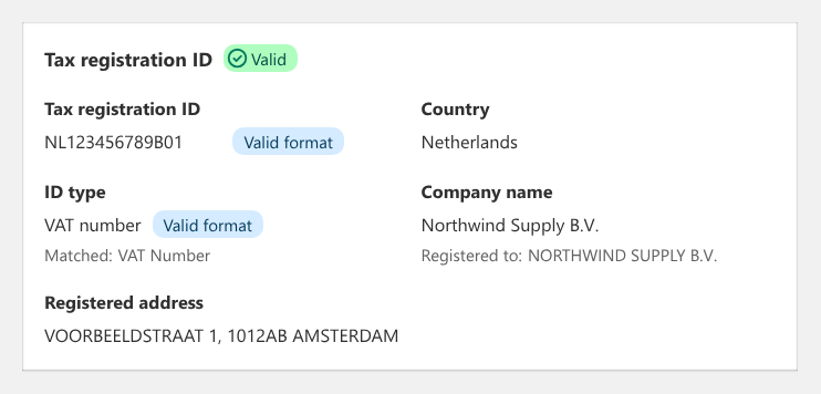 Example tax ID validation card on a company application in Onboard B2B, with a Valid badge and the registered company name and address