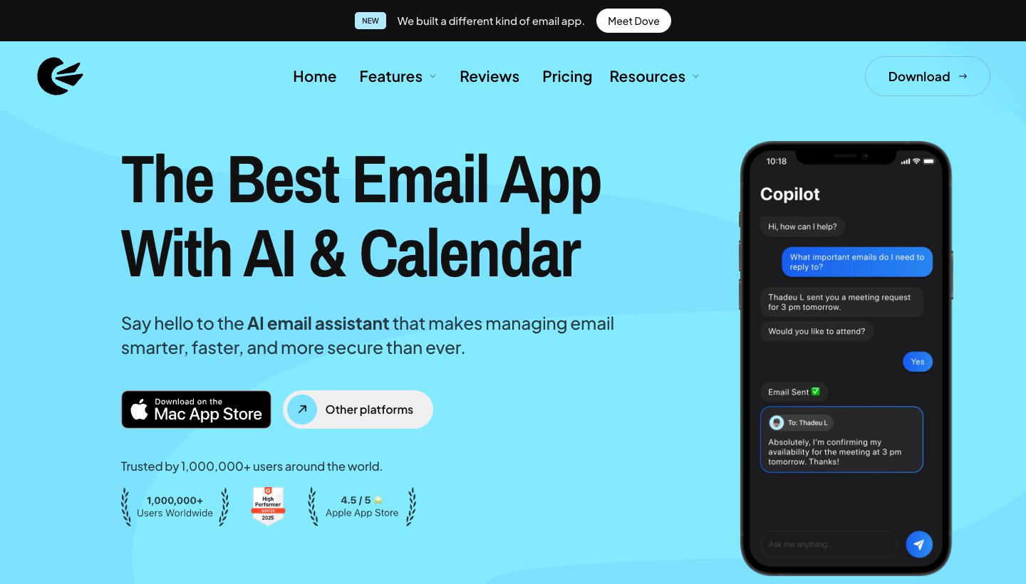 Canary Mail homepage: "The Best Email App With AI & Calendar"