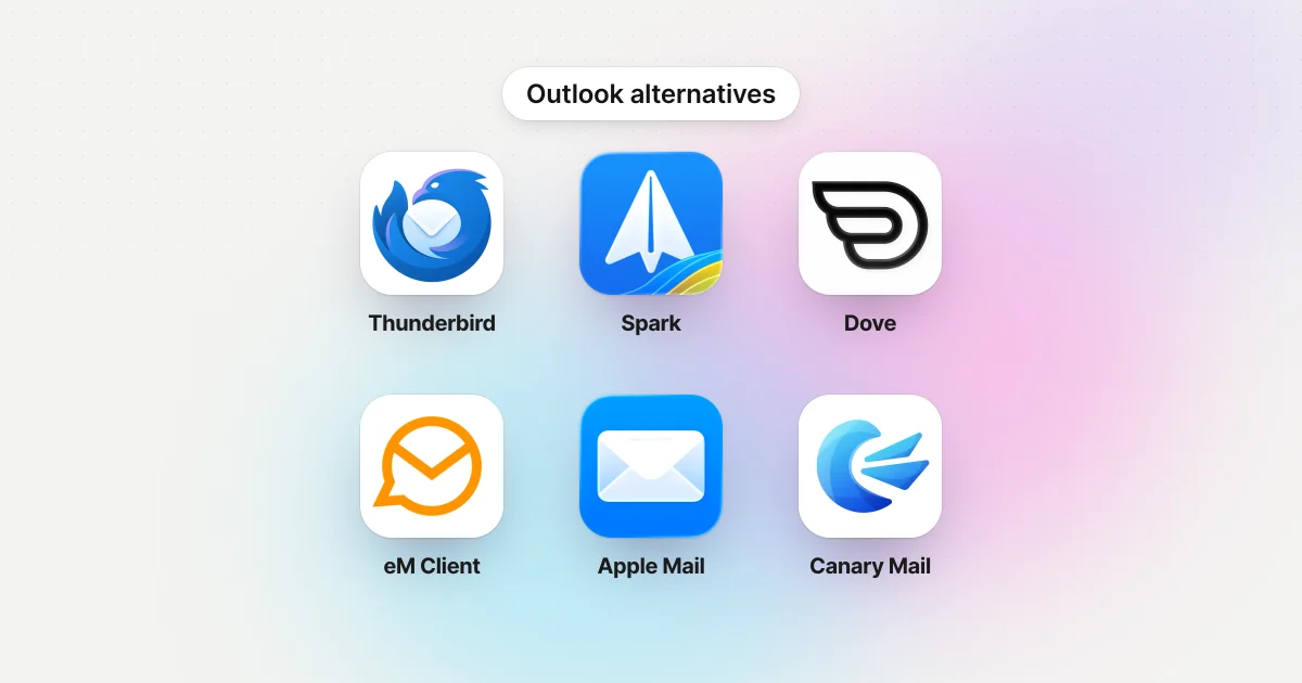 Icons for Thunderbird, Spark, Dove, eM Client, Apple Mail and Canary Mail under the label Outlook alternatives