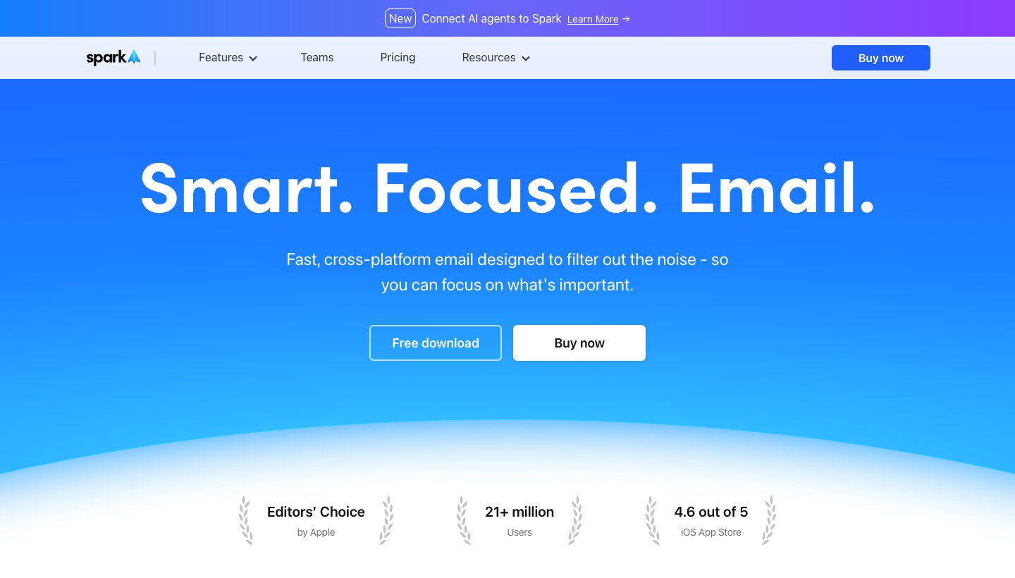 Spark Mail homepage: "Smart. Focused. Email."