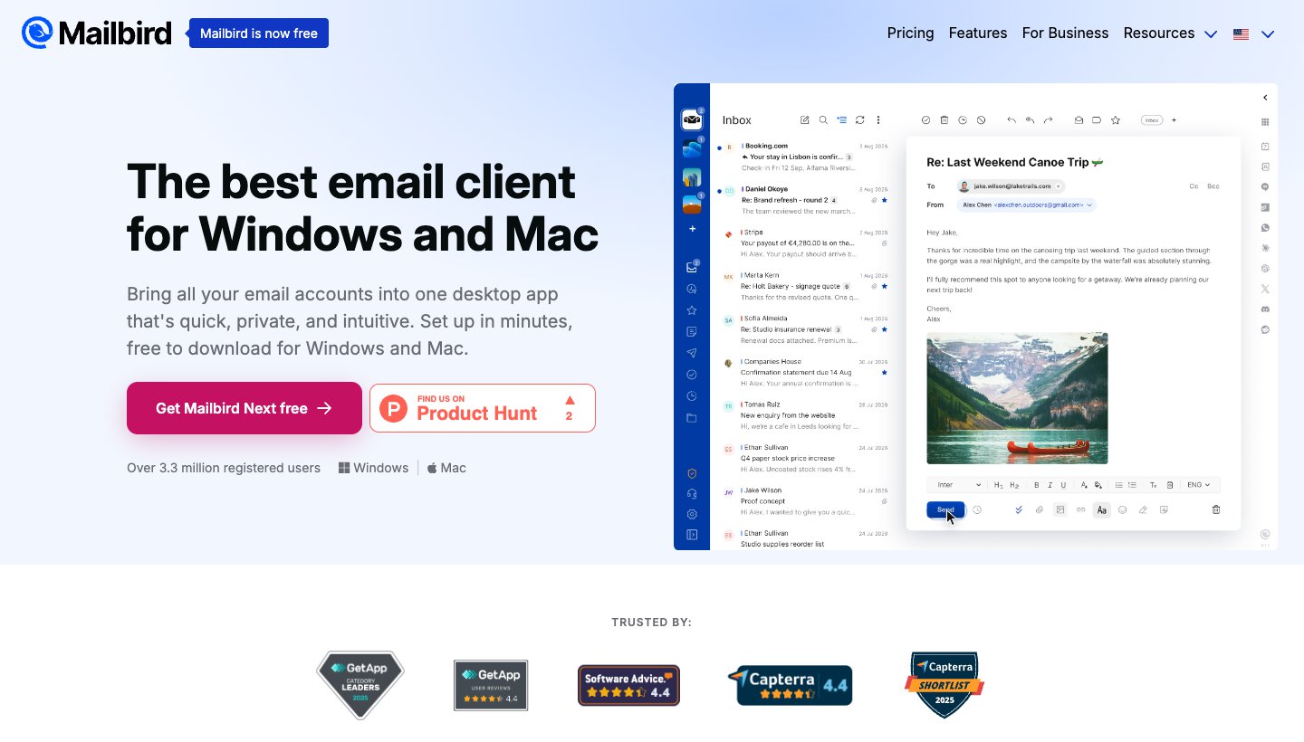 Mailbird homepage: "The best email client for Windows and Mac" with the Mailbird Next inbox
