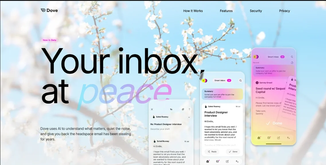 Dove email app hero screen showing Smart Inbox sorting messages into Focus and Done on desktop and mobile