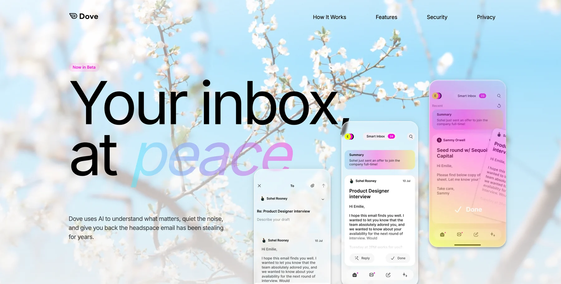 Dove's Smart Inbox triaging email into Focus, Noise, and Done, with AI thread summaries and a swipe-to-Done view across phone and desktop