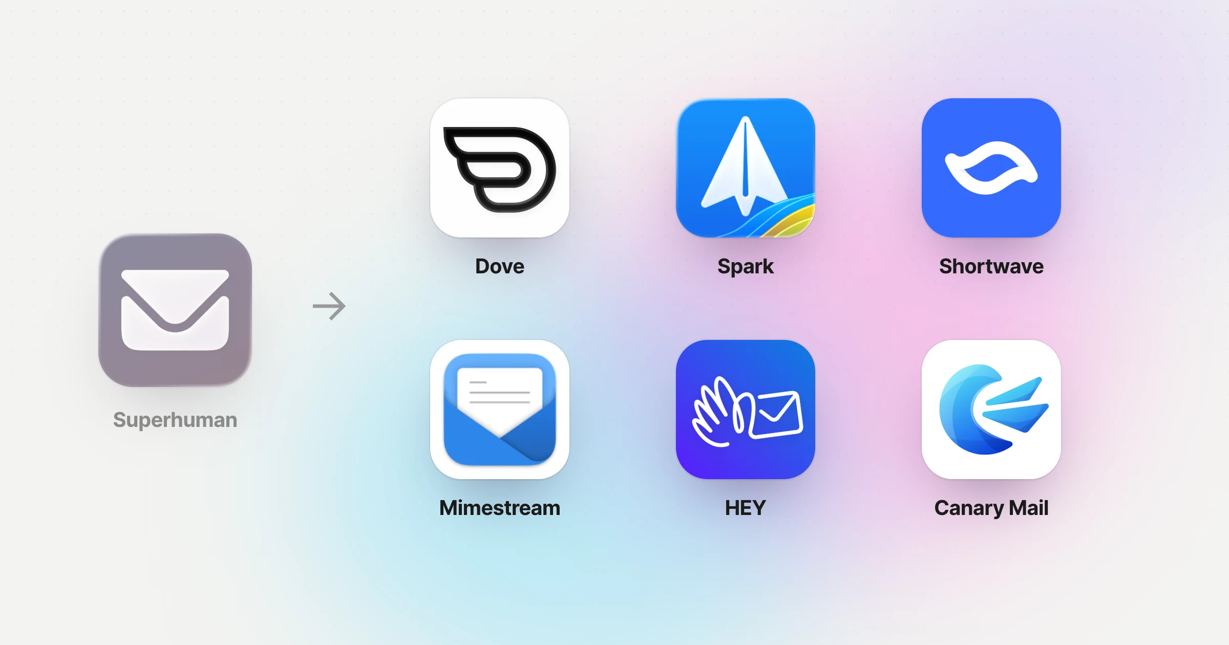 Superhuman's app icon with an arrow to the icons of Dove, Spark, Shortwave, Mimestream, HEY and Canary Mail