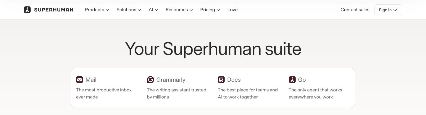 The Superhuman suite page listing its four products: Mail, Grammarly, Docs and Go