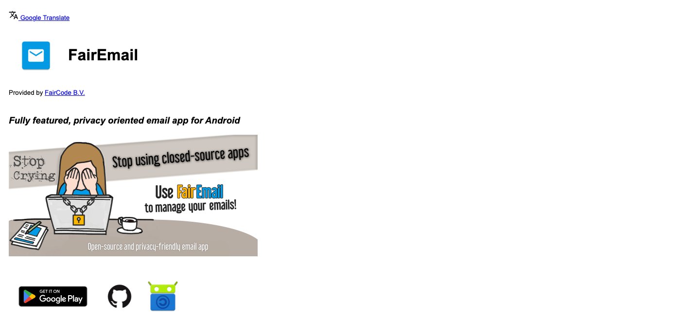 FairEmail homepage: "Fully featured, privacy oriented email app for Android"