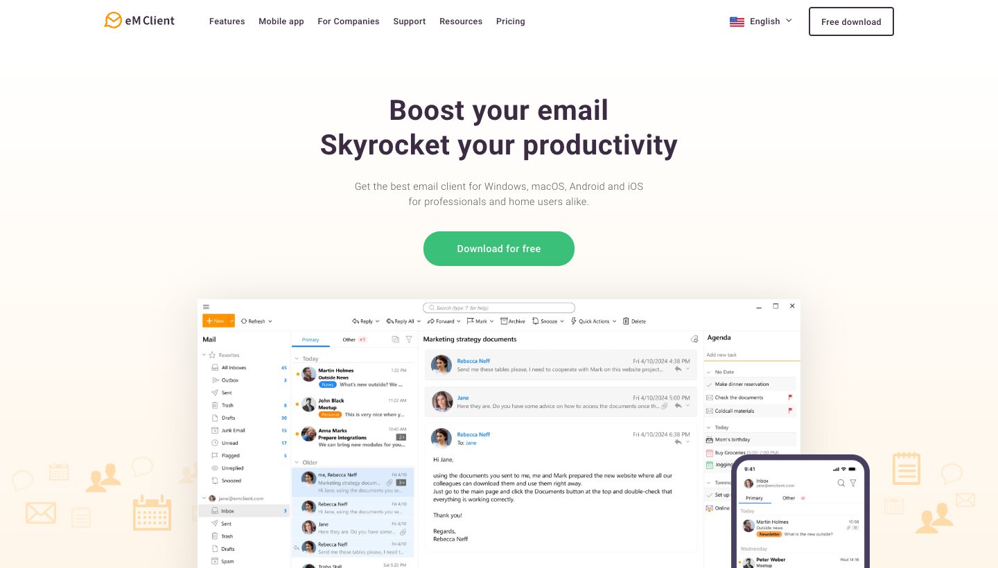 eM Client homepage: "Boost your email, Skyrocket your productivity" with its Windows inbox and phone app