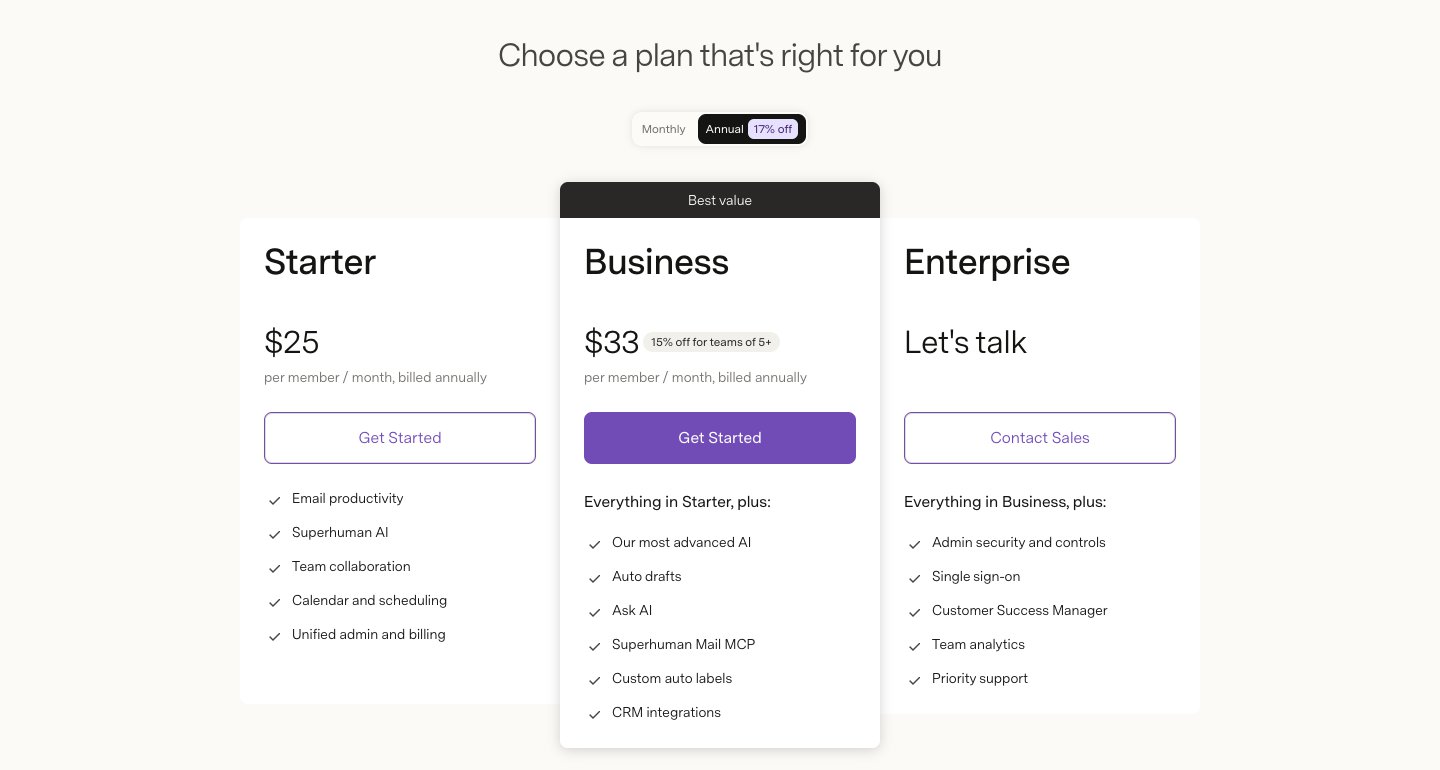 Superhuman Mail pricing page showing Starter at $25, Business at $33 and Enterprise, billed annually