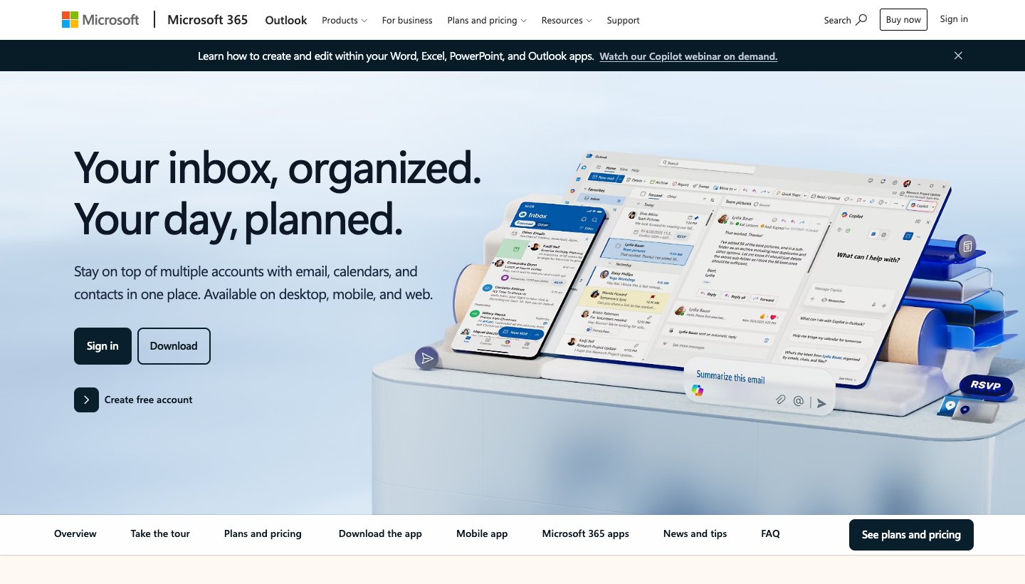 Microsoft Outlook page: "Your inbox, organized. Your day, planned."