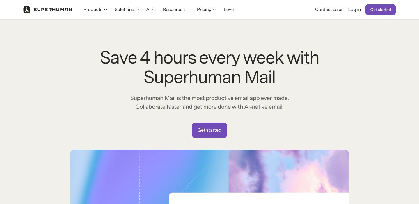 Superhuman Mail homepage: "Save 4 hours every week with Superhuman Mail"