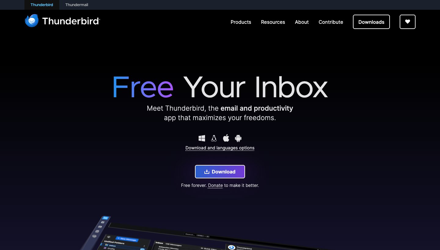 Thunderbird homepage: "Free Your Inbox" with Windows, Linux, Mac and Android download icons
