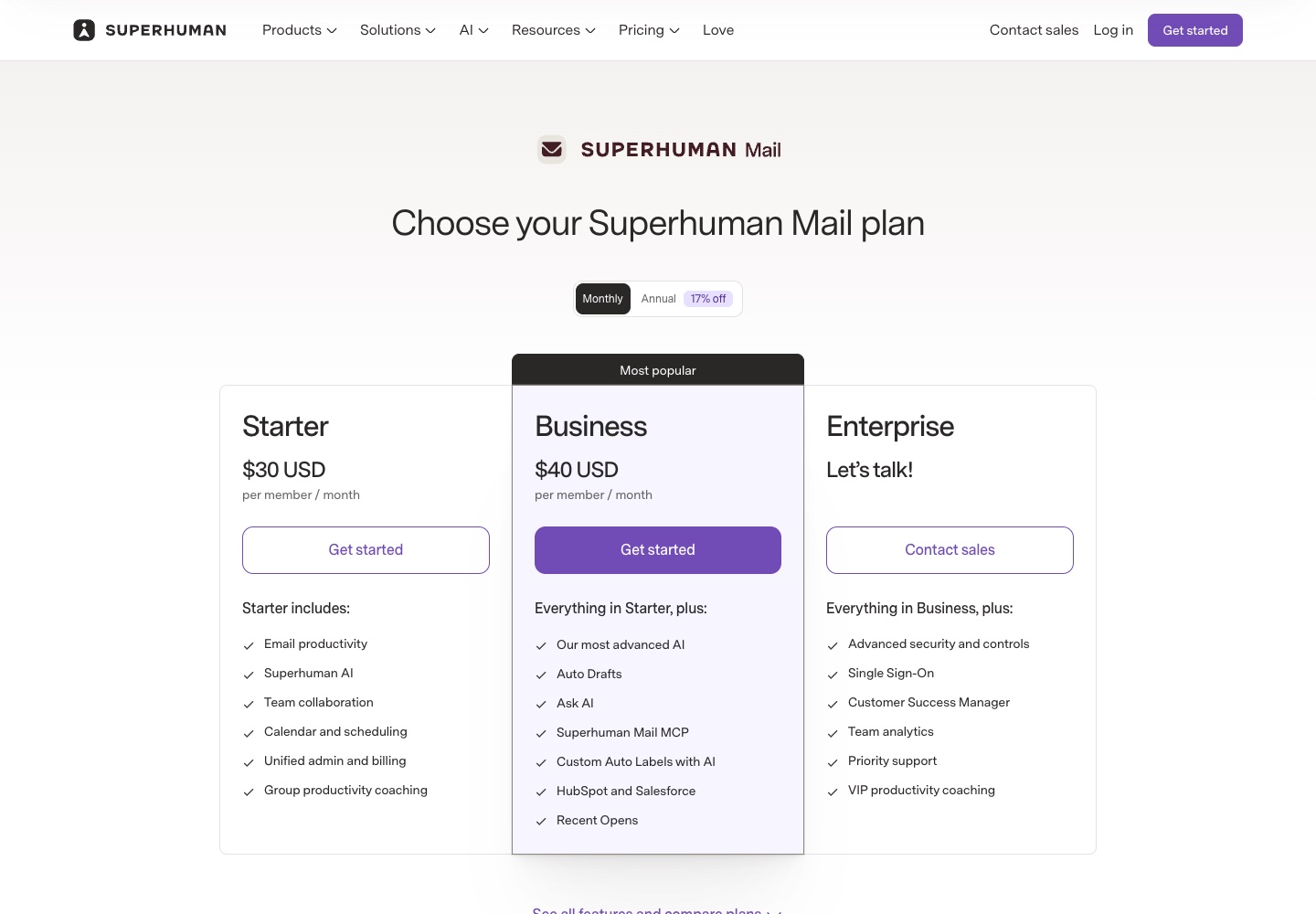 Superhuman Mail's pricing page showing Starter at $30 USD and Business at $40 USD per member per month, billed monthly
