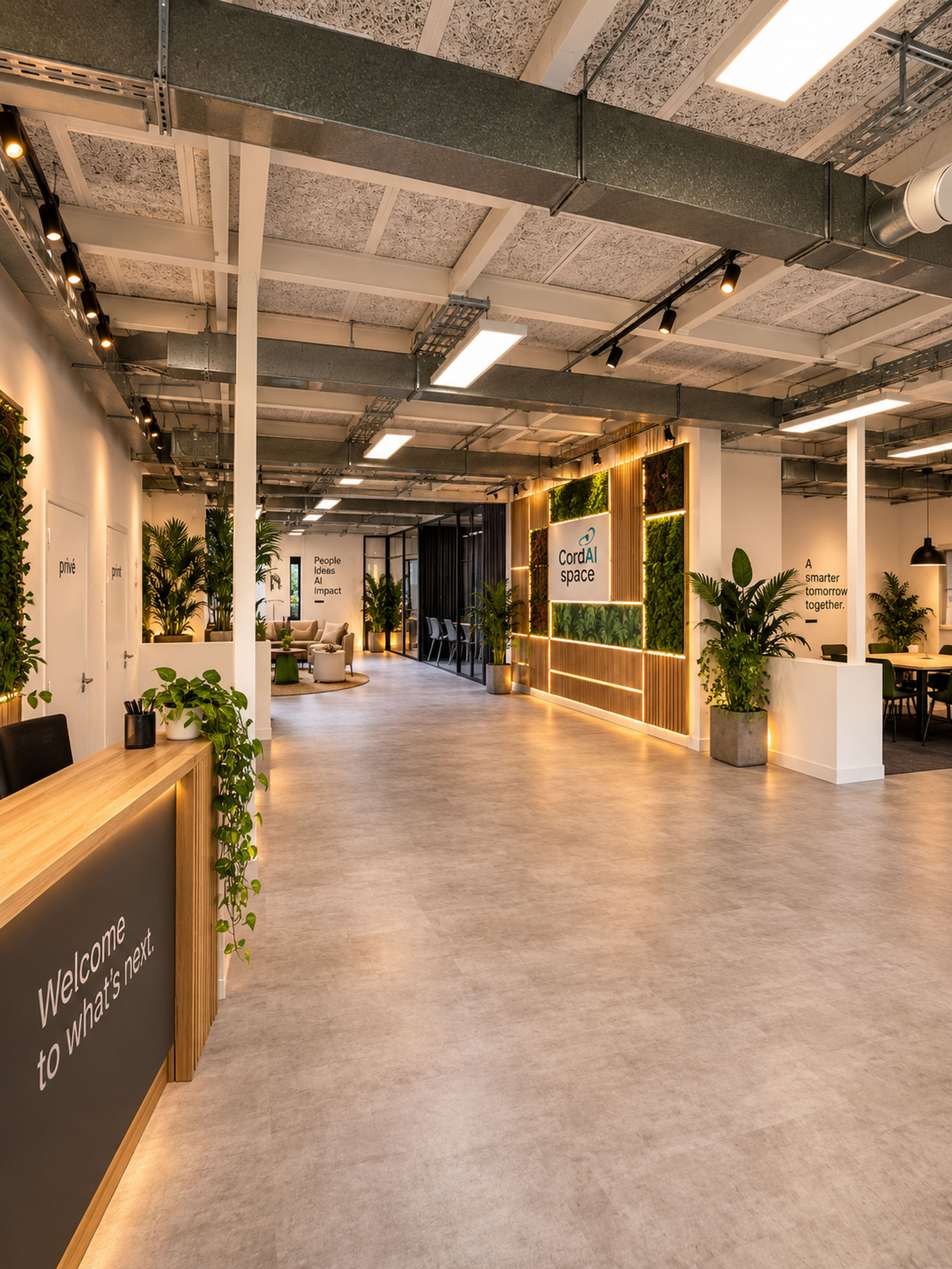 Modern office lobby with plants, wooden accents, and seating areas. Signs display text like "CordAI space" and "Welcome to what's next."