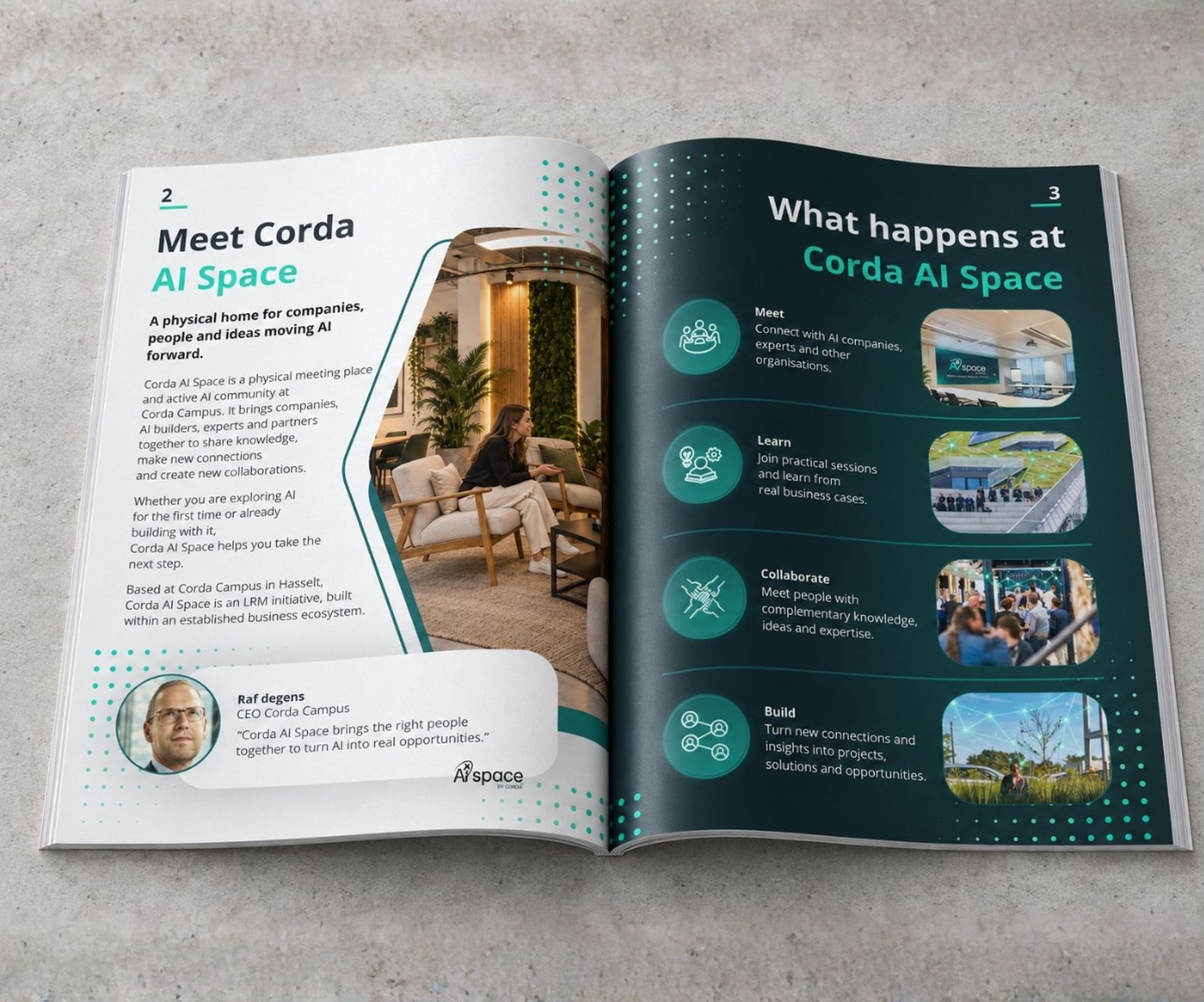 Open magazine showing Corda AI Space's mission and offerings, including meeting, learning, collaboration, and building opportunities, with images.