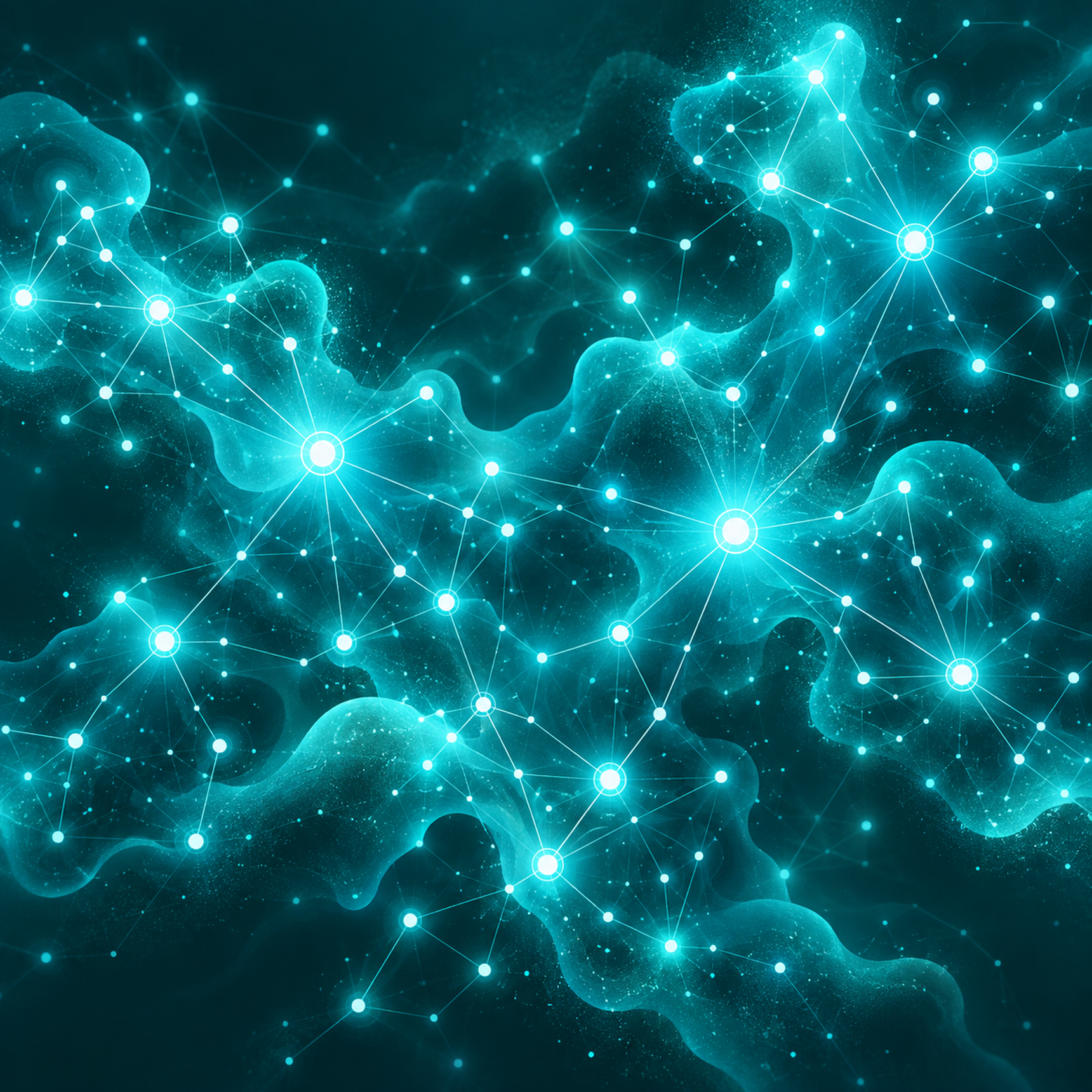 A glowing blue network of interconnected dots and lines resembling a neural or molecular structure on a dark background.