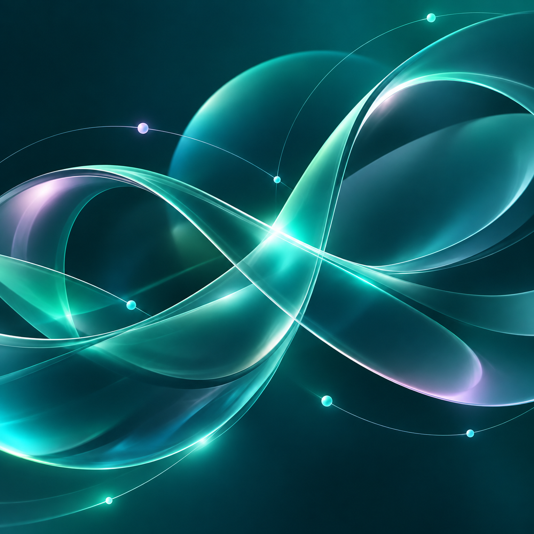 Abstract design with glowing, intertwined ribbons in blue and teal hues, accented by small light orbs against a dark background.