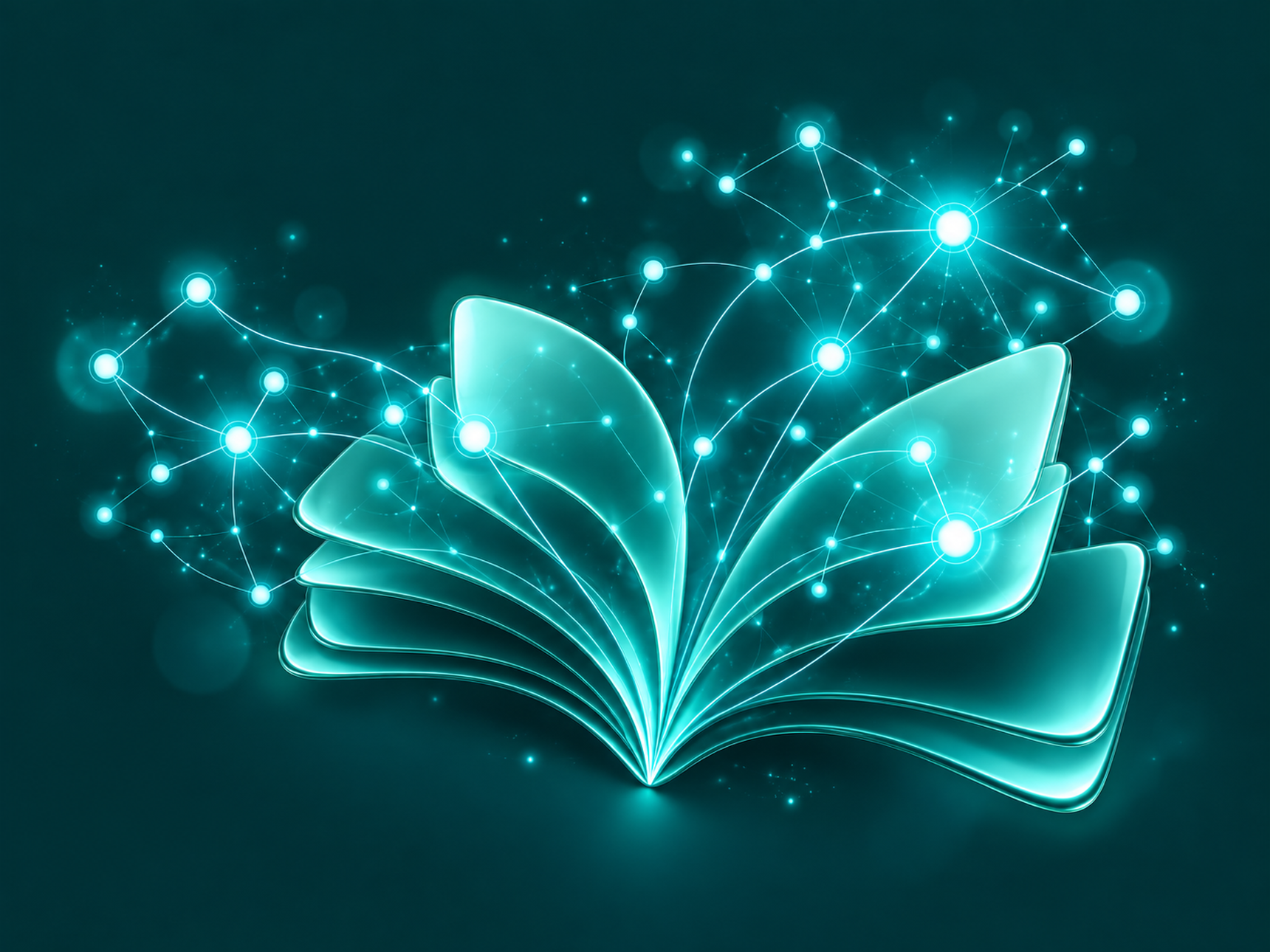 An open book glowing with digital nodes and connections, symbolizing knowledge and technology integration on a dark background.