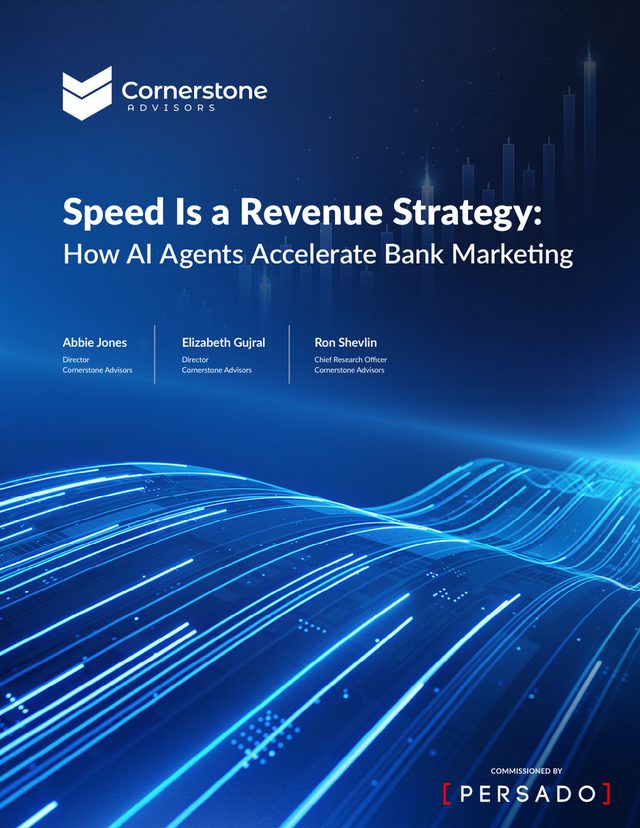 Cover of the Cornerstone Advisors report Speed Is a Revenue Strategy: How AI Agents Accelerate Bank Marketing