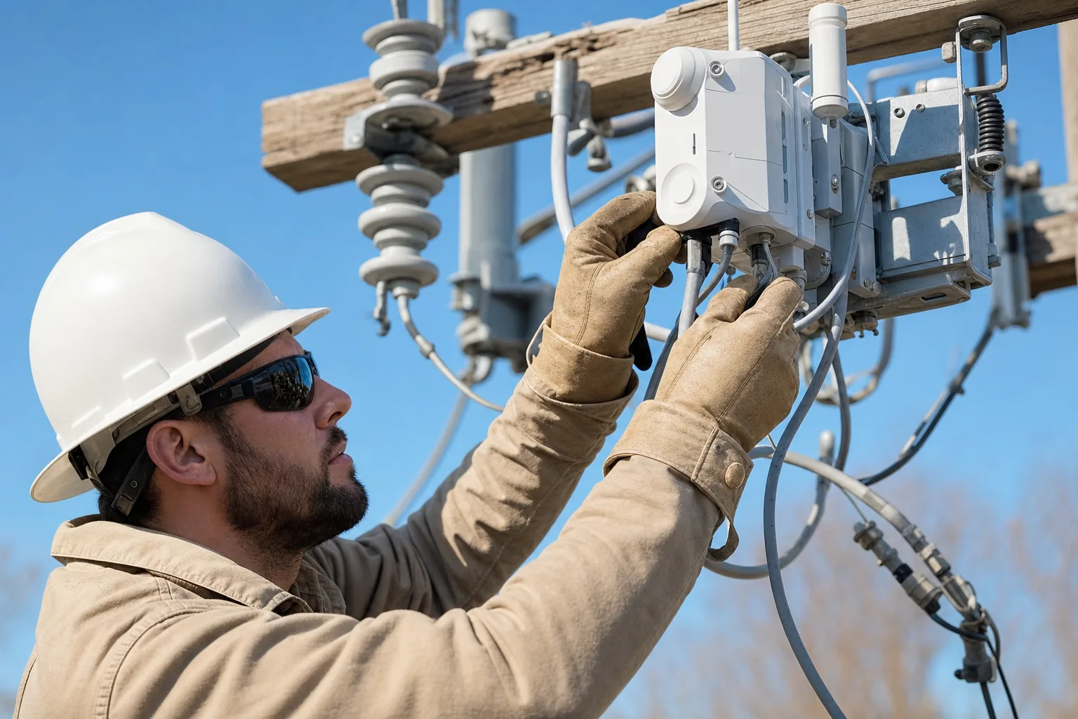Utility lineman servicing a smart grid meter on an overhead power line