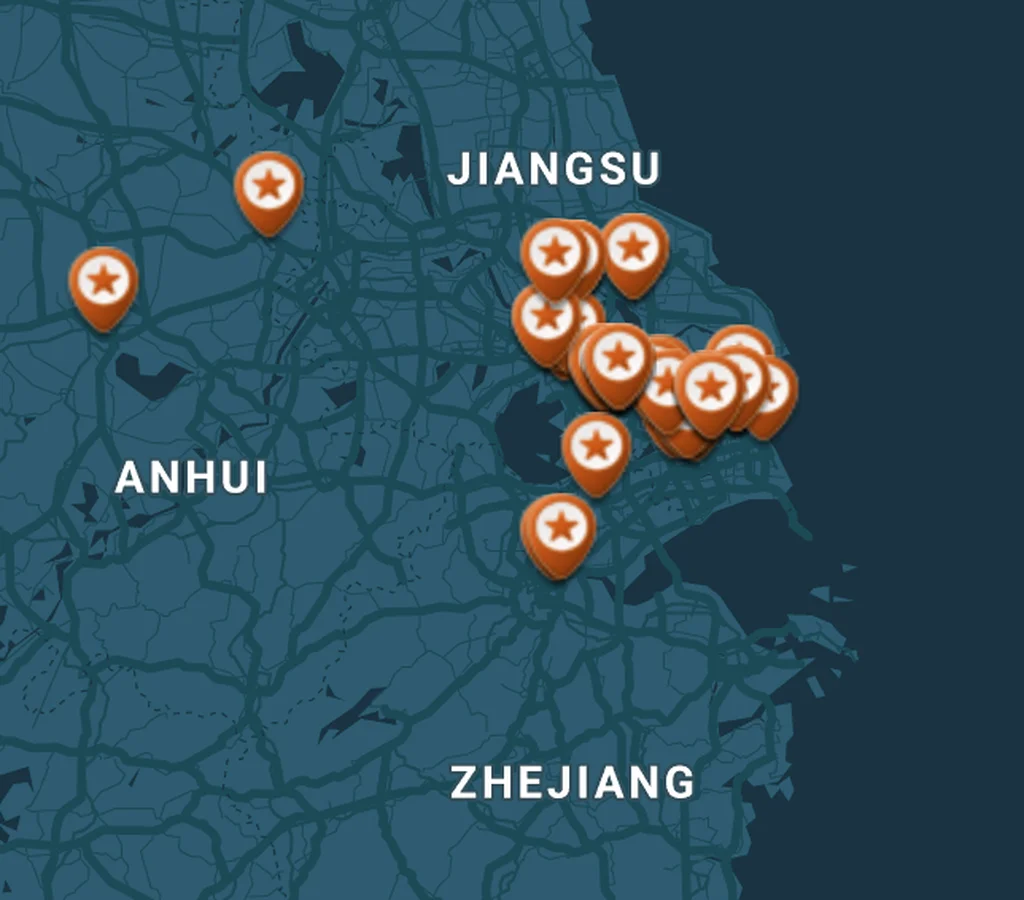 A concentration of semiconductor suppliers and manufacturers located near Jiangsu, China (Source: Z2Data)