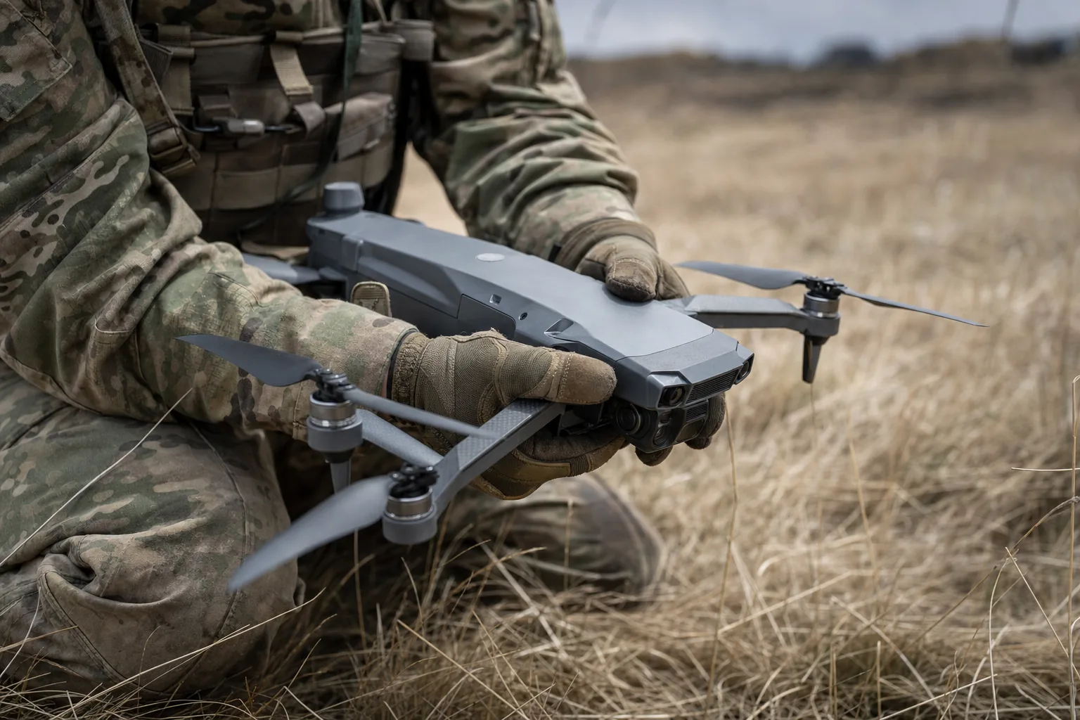 Soldier holding a Performance Drone Works reconnaissance quadcopter in a field
