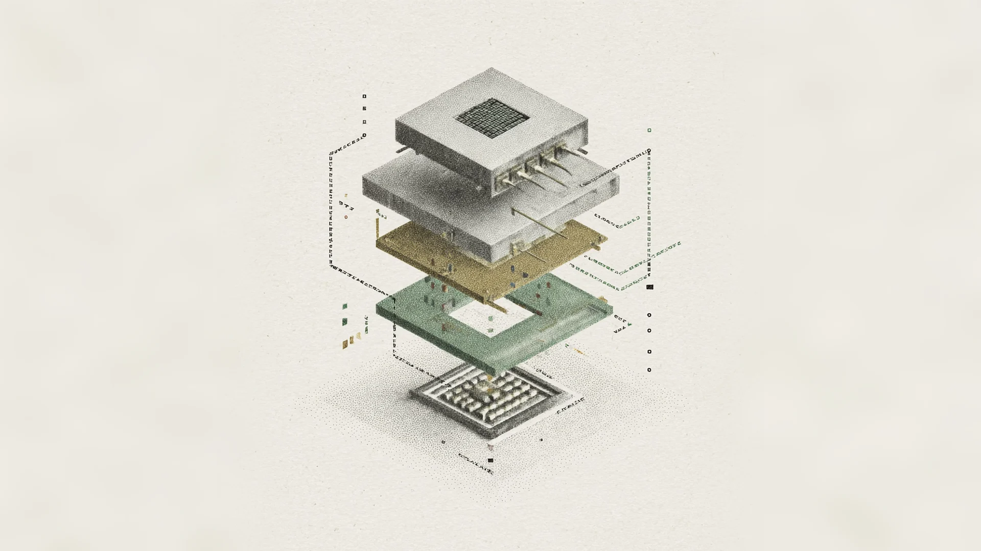 Exploded isometric illustration of an electronic component assembly
