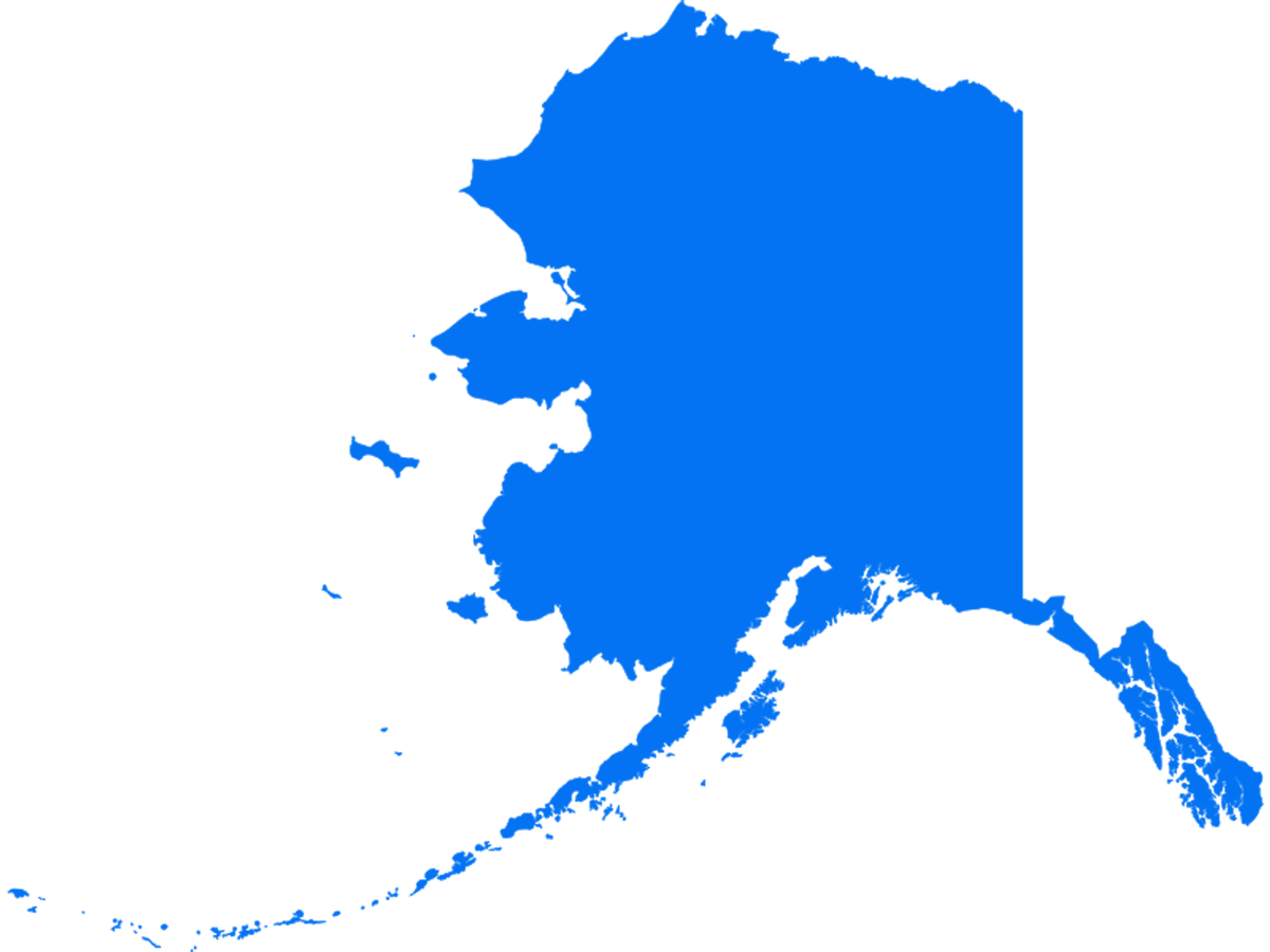 Blue silhouette of Alaska, showing its distinct shape with scattered islands on a white background.