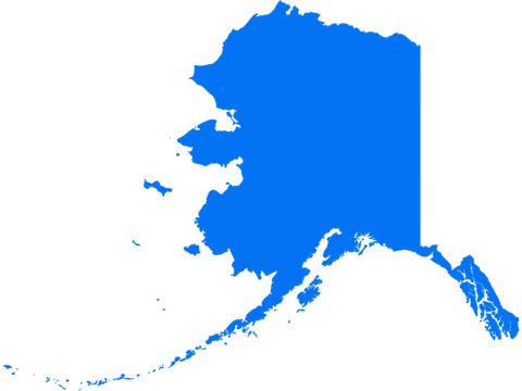 Blue silhouette of Alaska, showing its distinct shape with scattered islands on a white background.