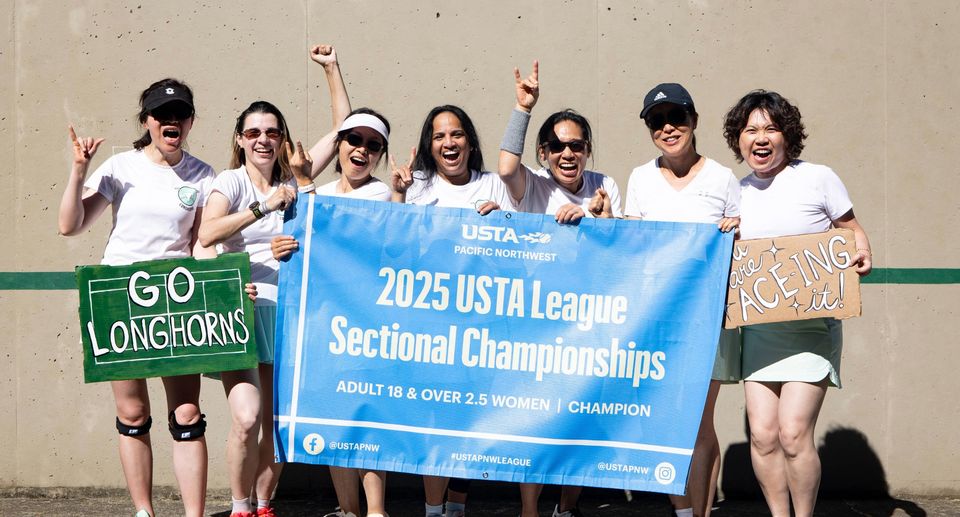 A group of women in sportswear celebrate winning the 2025 USTA League Sectional Championships, holding a banner and cheering.