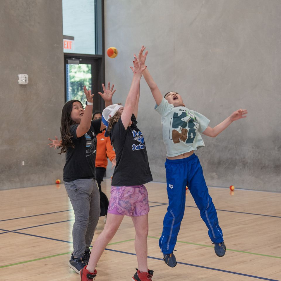 Children in a gym jump enthusiastically, reaching for an orange ball in mid-air, showcasing energetic play and teamwork.