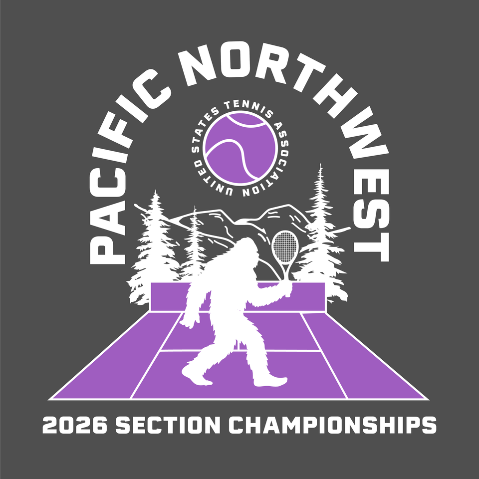 Silhouette of Bigfoot playing tennis on a purple court with mountains and trees, titled "Pacific Northwest 2026 Section Championships."
